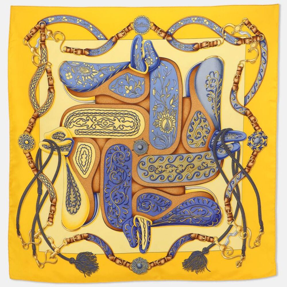Herm&Egrave;S Yellow Multicolor Printed Silk Festival Scarf